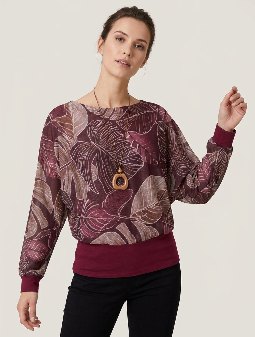 Iriseren top met tropische print en vleermuismouwen - Wijnrood