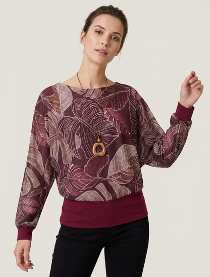 Iriseren top met tropische print en vleermuismouwen - Wijnrood