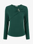 Pull fin et droit col rond froncé avec bijou - Vert foncé - 1
