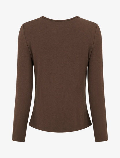 Pull fin et droit col rond froncé avec bijou - Marron - 2