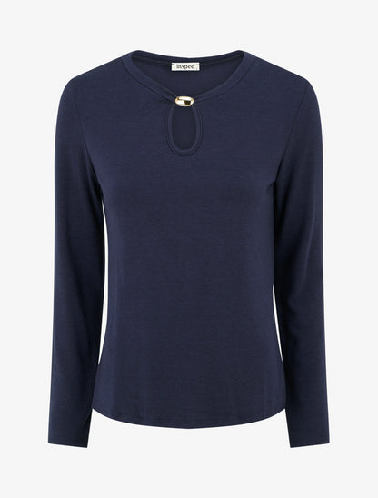 Pull droit à col rond avec ouverture goutte et bijou - Marine - 1