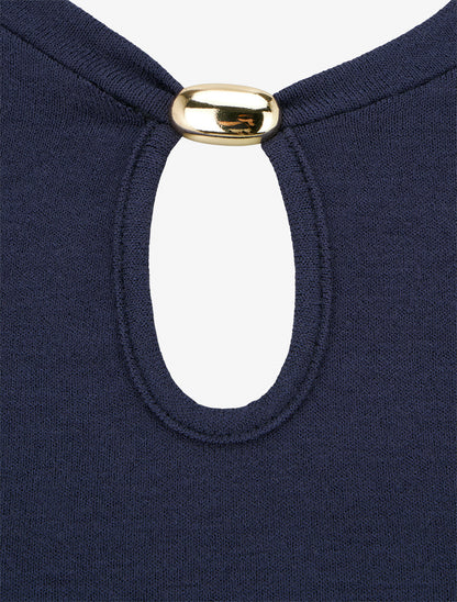 Pull droit à col rond avec ouverture goutte et bijou - Marine - 3