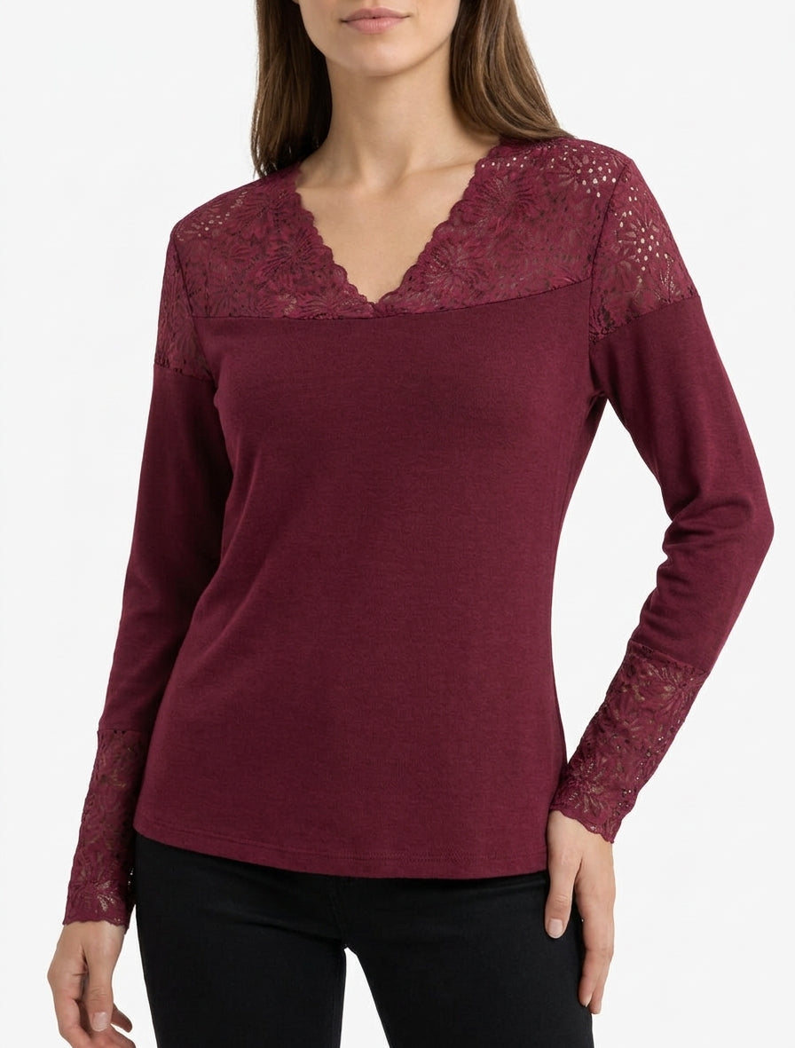 Pull fin à col V et poignets en dentelle - Lie de vin