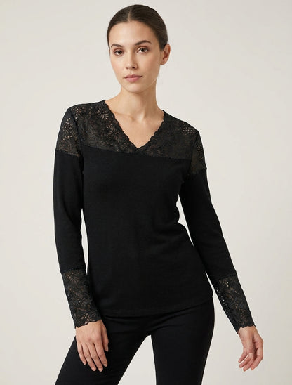 Pull fin à col V et poignets en dentelle - Noir