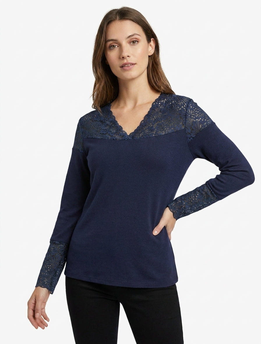 Pull fin à col V et poignets en dentelle - Marine