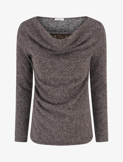 Pull duveteux à col bénitier à empiècement dentelle - Marron - 1