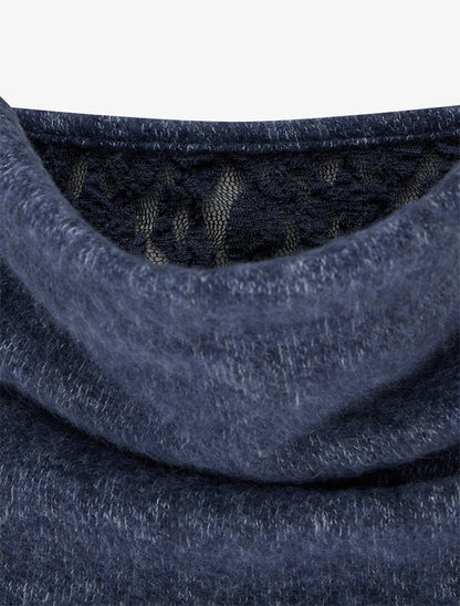 Pull duveteux à col bénitier à empiècement dentelle - Bleu - 3