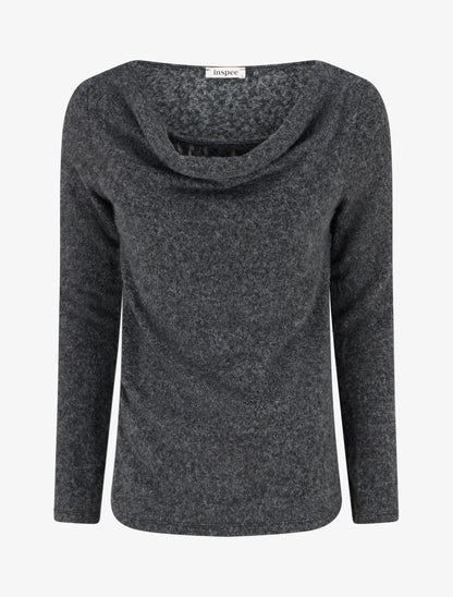 Pull duveteux à col bénitier à empiècement dentelle - Gris foncé - 1