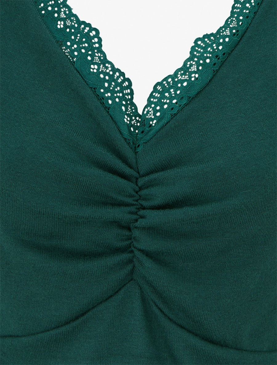 Pull fin à col V en dentelle - Vert foncé - 3