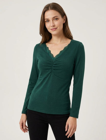 Pull fin à col V en dentelle - Vert foncé
