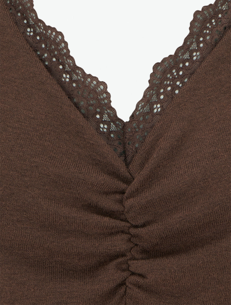Pull fin à col V en dentelle - Marron - 3