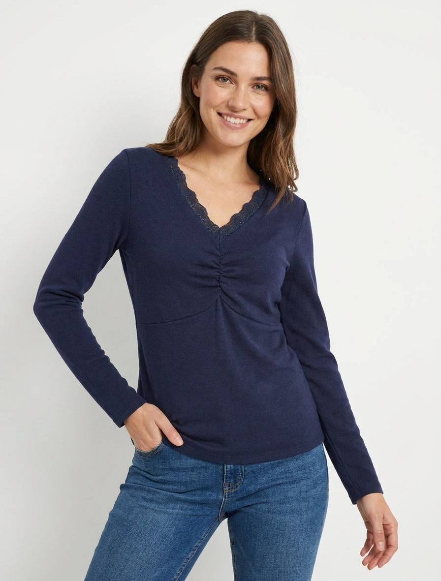 Pull fin à col V en dentelle - Marine