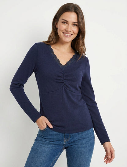 Pull fin à col V en dentelle - Marine