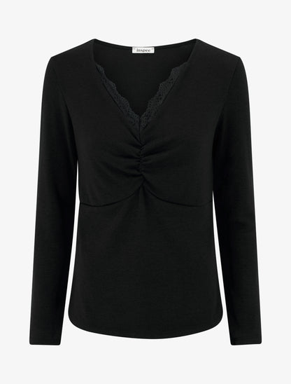 Pull fin à col V en dentelle - Noir - 1