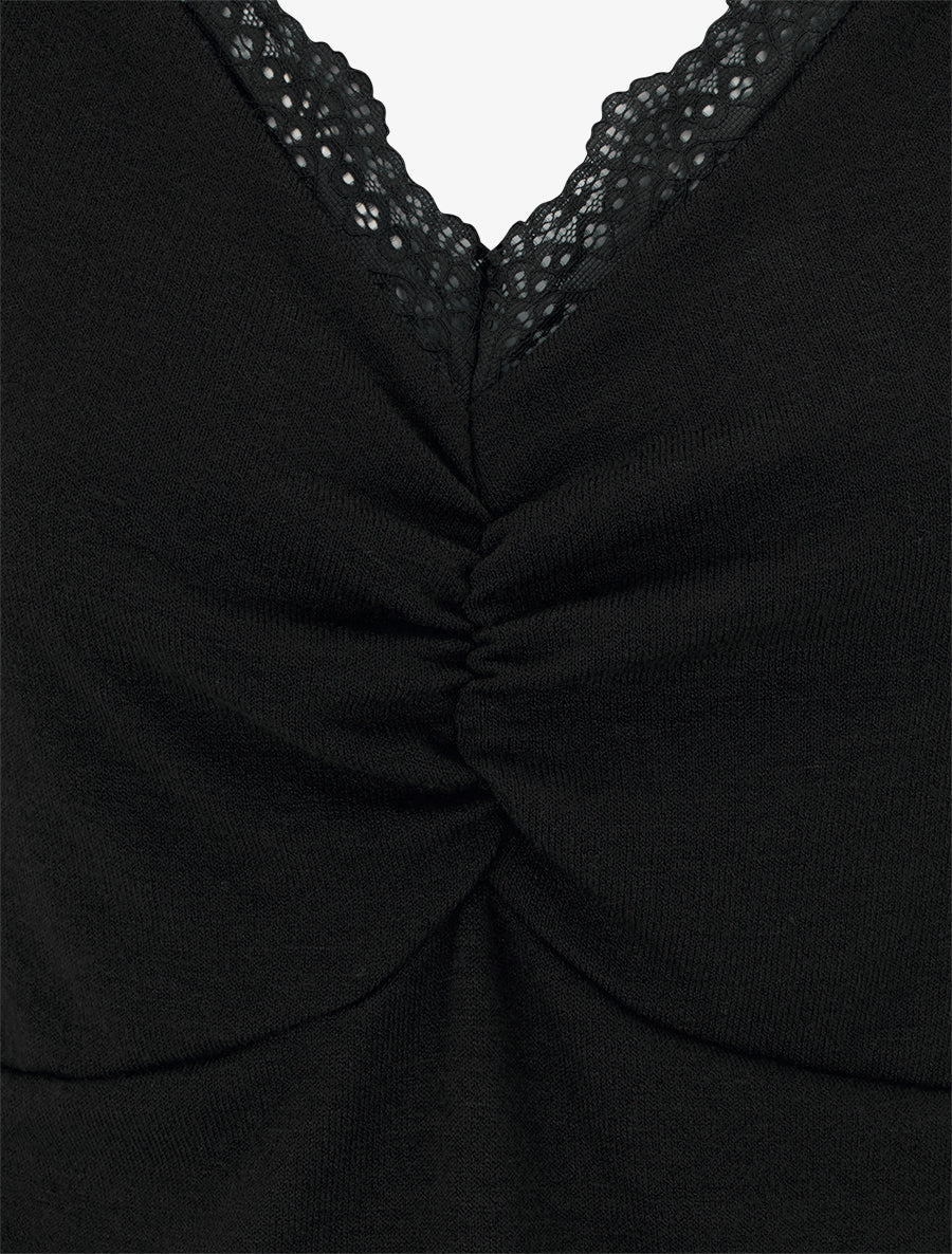 Pull fin à col V en dentelle - Noir - 3