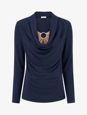 Pull droit effet doublé à col bénitier et bijou - Marine/beige - 1
