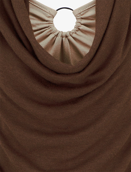 Pull droit effet doublé à col bénitier et bijou - Marron/beige - 3