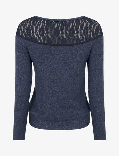 Pull duveteux droit à col rond et empiècement dentelle - Marine - 2
