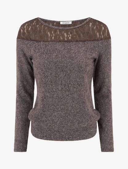 Pull duveteux droit à col rond et empiècement dentelle - Marron - 1