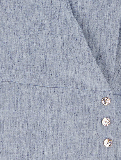 Blouse élastiquée à col cache-coeur - Bleu chiné - 3