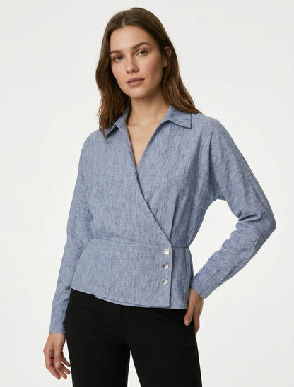 Blouse élastiquée à col cache-coeur - Bleu chiné