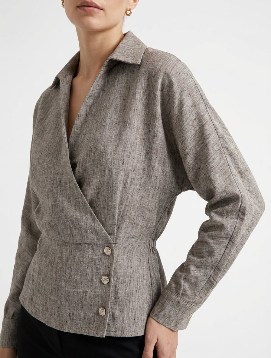 Blouse élastiquée à col cache-coeur - Marron chiné