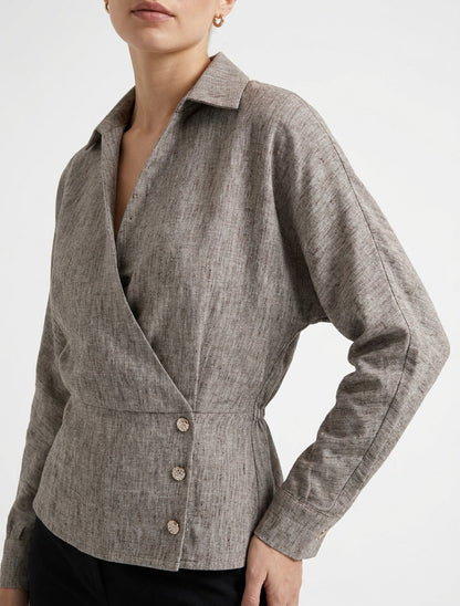 Blouse élastiquée à col cache-coeur - Marron chiné