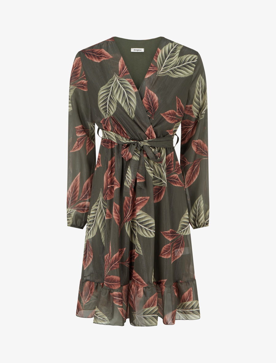 Robe irisée à imprimé feuilles et bords volantés - Kaki - 1