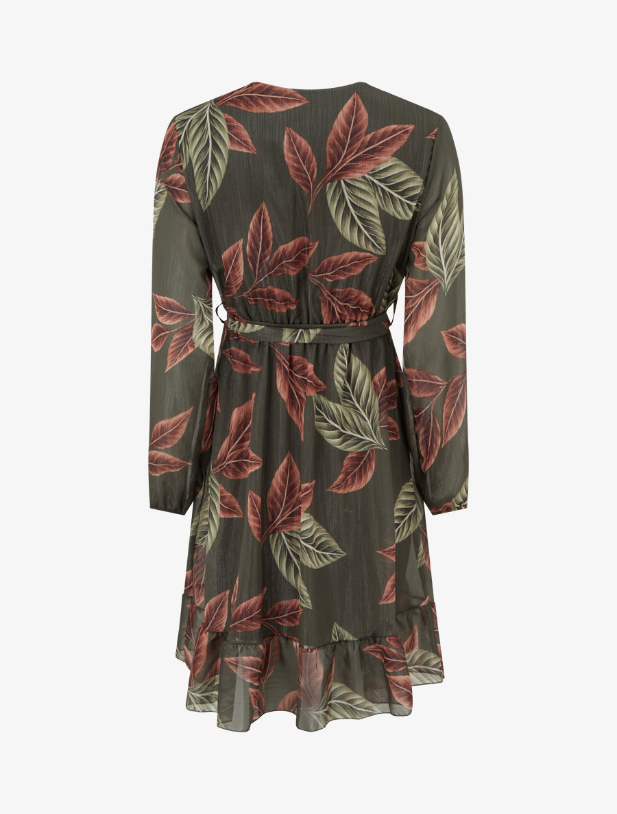 Robe irisée à imprimé feuilles et bords volantés - Kaki - 2