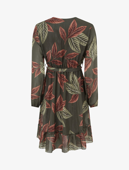 Robe irisée à imprimé feuilles et bords volantés - Kaki - 2