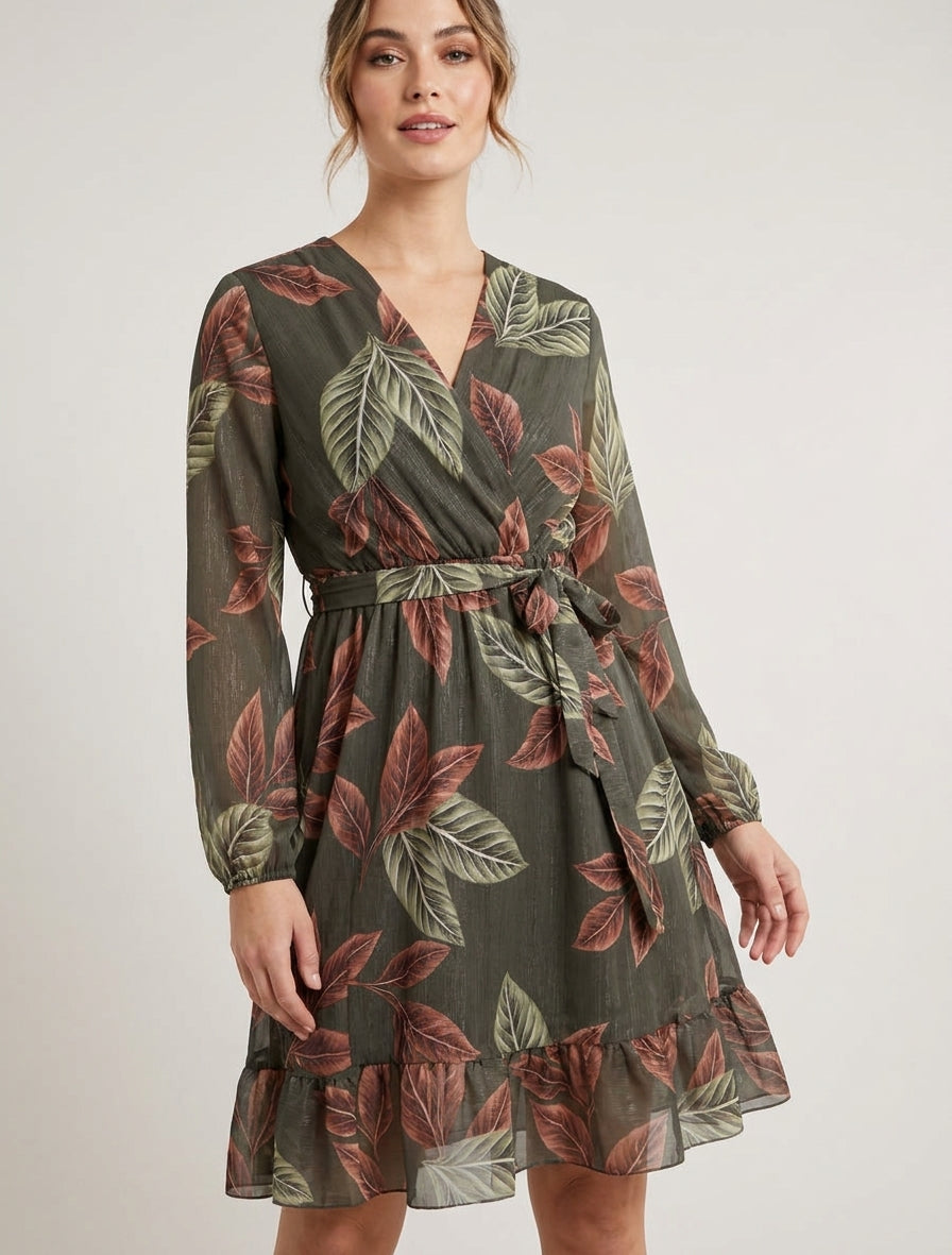 Irise jurk met bladenprint en ruchesranden - Kaki