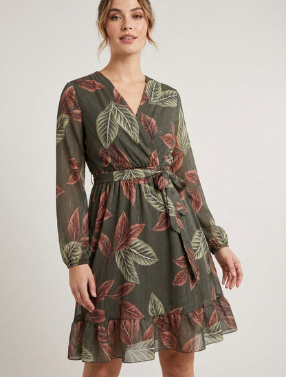 Irise jurk met bladenprint en ruchesranden - Kaki