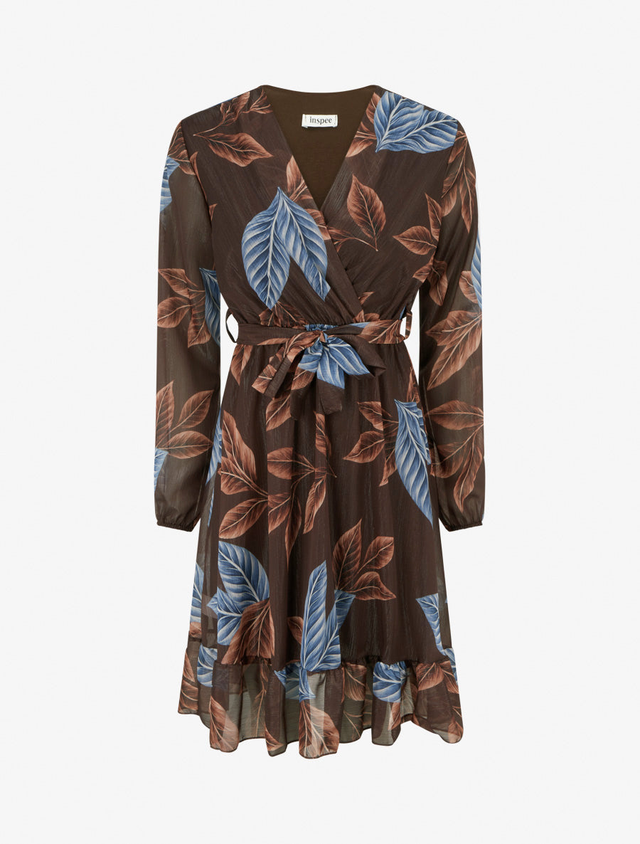 Robe irisée à imprimé feuilles et bords volantés - Marron - 1