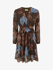 Robe irisée à imprimé feuilles et bords volantés - Marron - 1