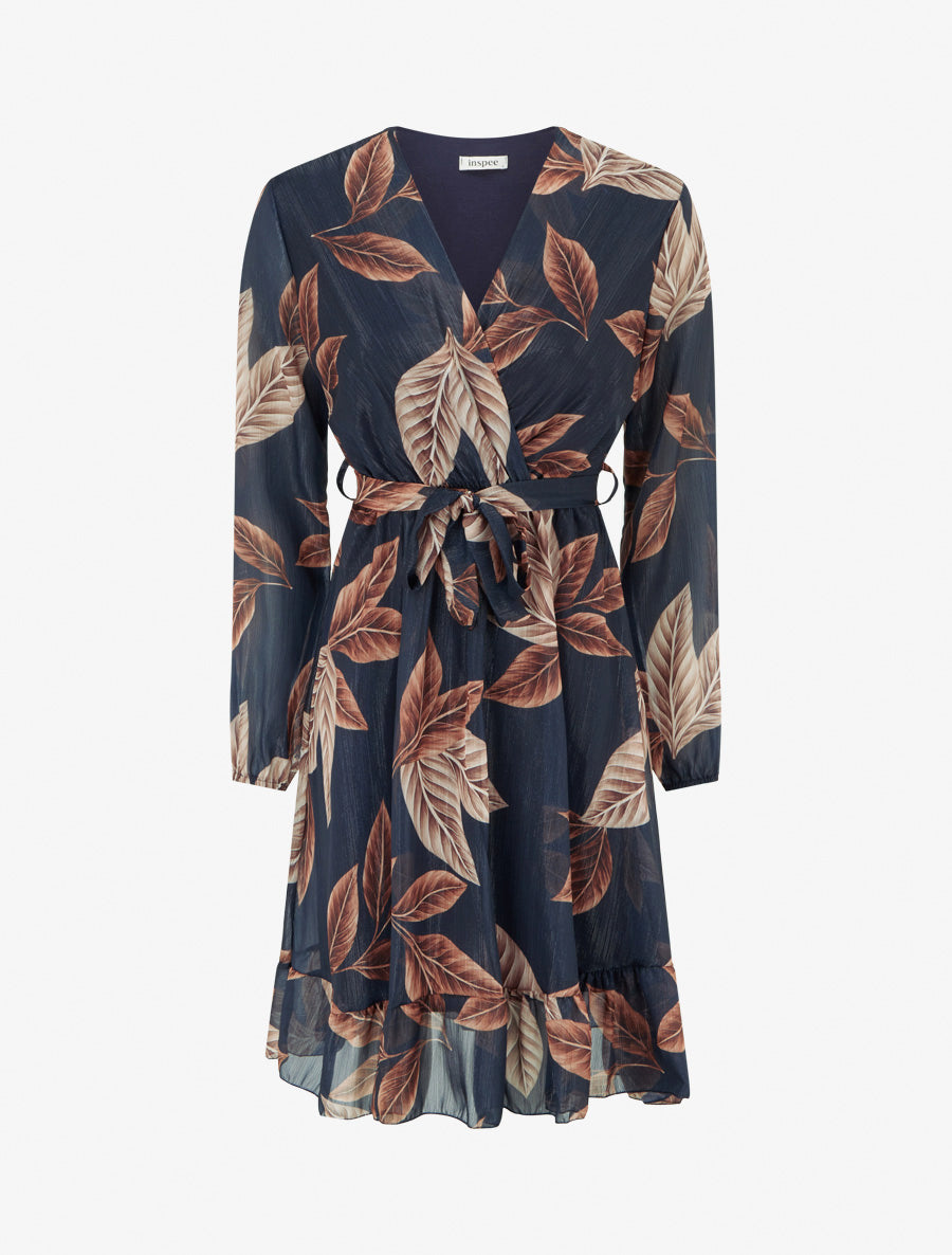 Robe irisée à imprimé feuilles et bords volantés - Bleu nuit - 1