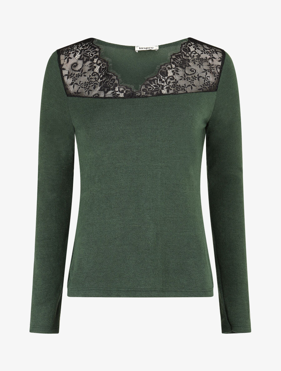 Pull fin à encolure carrée empiècement dentelle - Vert foncé - 1