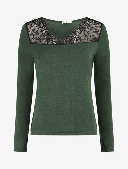 Pull fin à encolure carrée empiècement dentelle - Vert foncé - 1