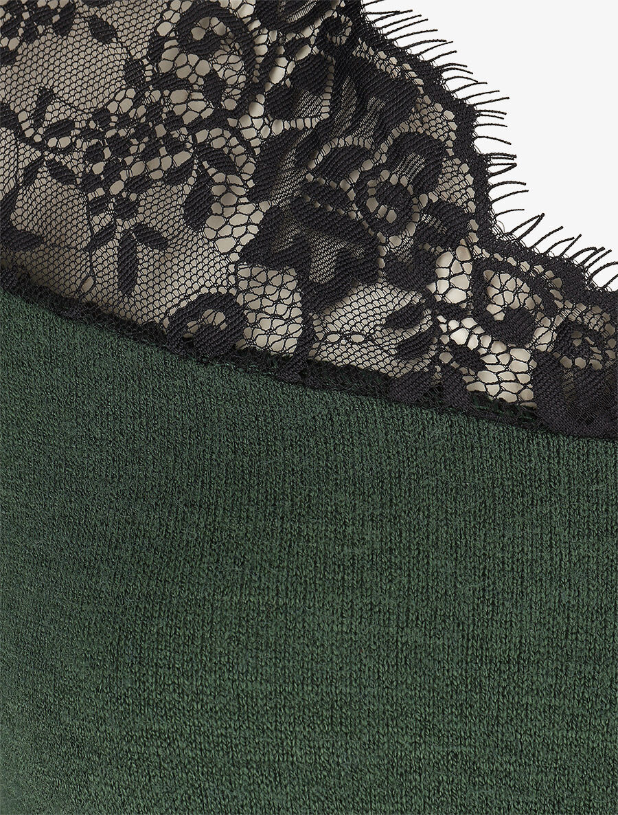 Pull fin à encolure carrée empiècement dentelle - Vert foncé - 3