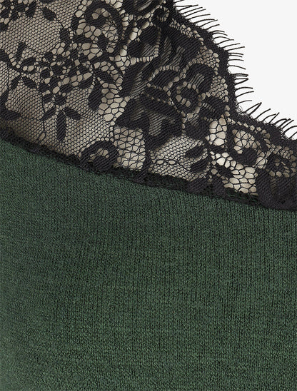 Pull fin à encolure carrée empiècement dentelle - Vert foncé - 3