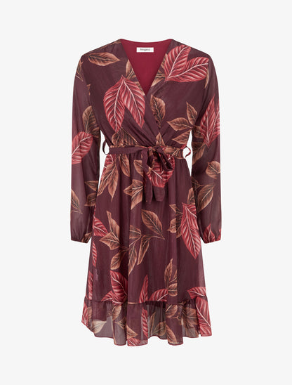 Robe irisée à imprimé feuilles et bords volantés - Lie de vin - 1