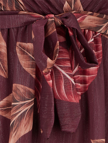 Robe irisée à imprimé feuilles et bords volantés - Lie de vin - 3