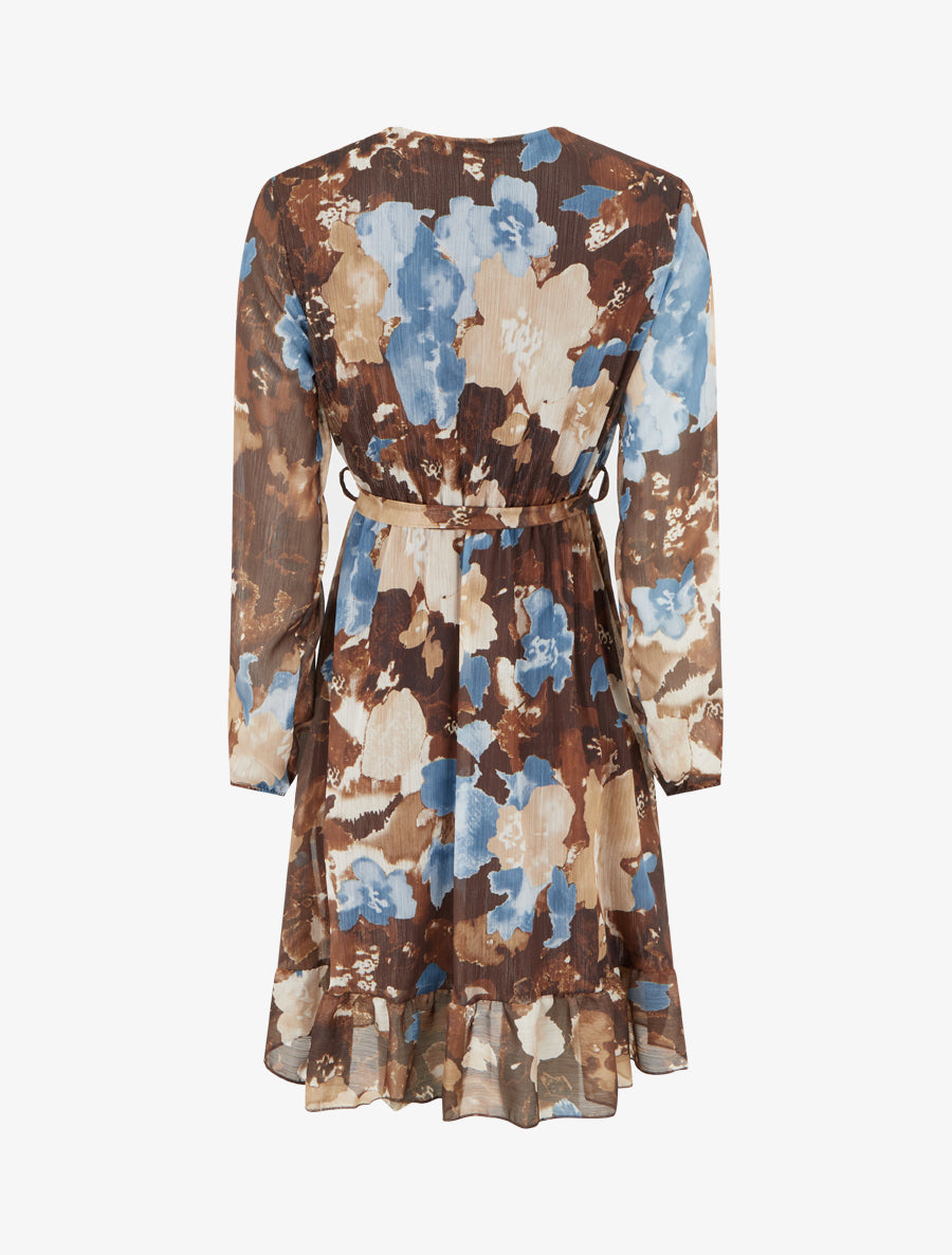 Robe irisée à imprimé fleurs abstraites et bords volantés - Marron - 2