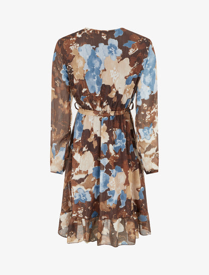 Robe irisée à imprimé fleurs abstraites et bords volantés - Marron - 2