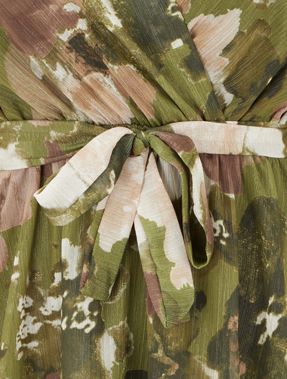 Robe irisée à imprimé fleurs abstraites et bords volantés - Kaki - 3