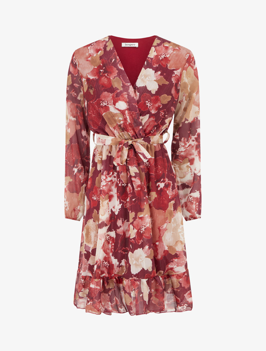 Robe irisée à imprimé fleurs abstraites et bords volantés - Lie de vin - 1