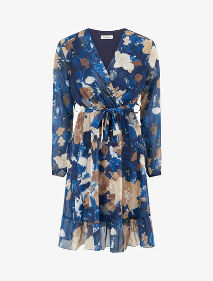 Robe irisée à imprimé fleurs abstraites et bords volantés - Marine - 1