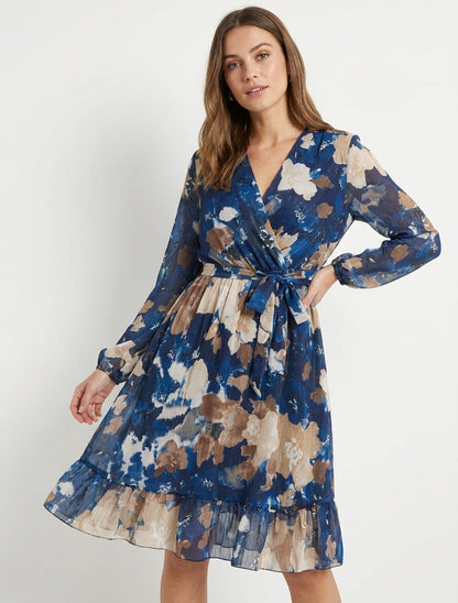 Irise jurk met abstracte bloemenprint en ruchesranden - Marine