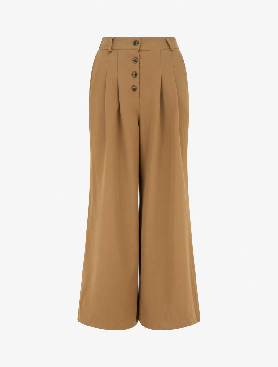 Pantalon ample à taille haute élastiquée et boutonnée - Camel - 1