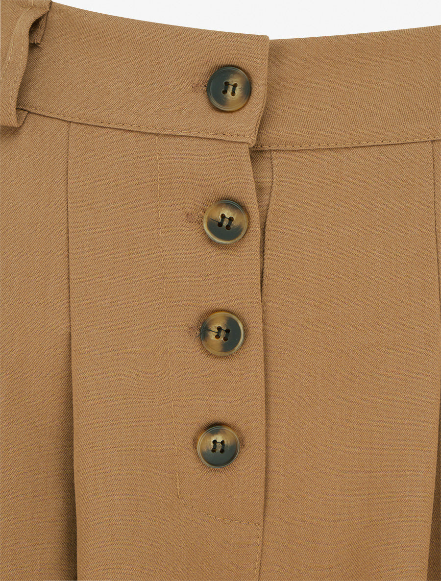 Pantalon ample à taille haute élastiquée et boutonnée - Camel - 3