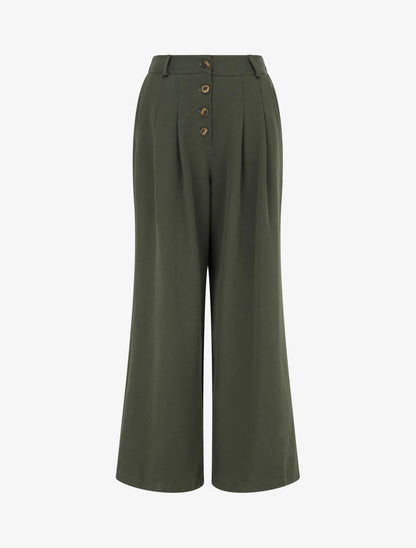 Pantalon ample à taille haute élastiquée et boutonnée - Kaki - 1